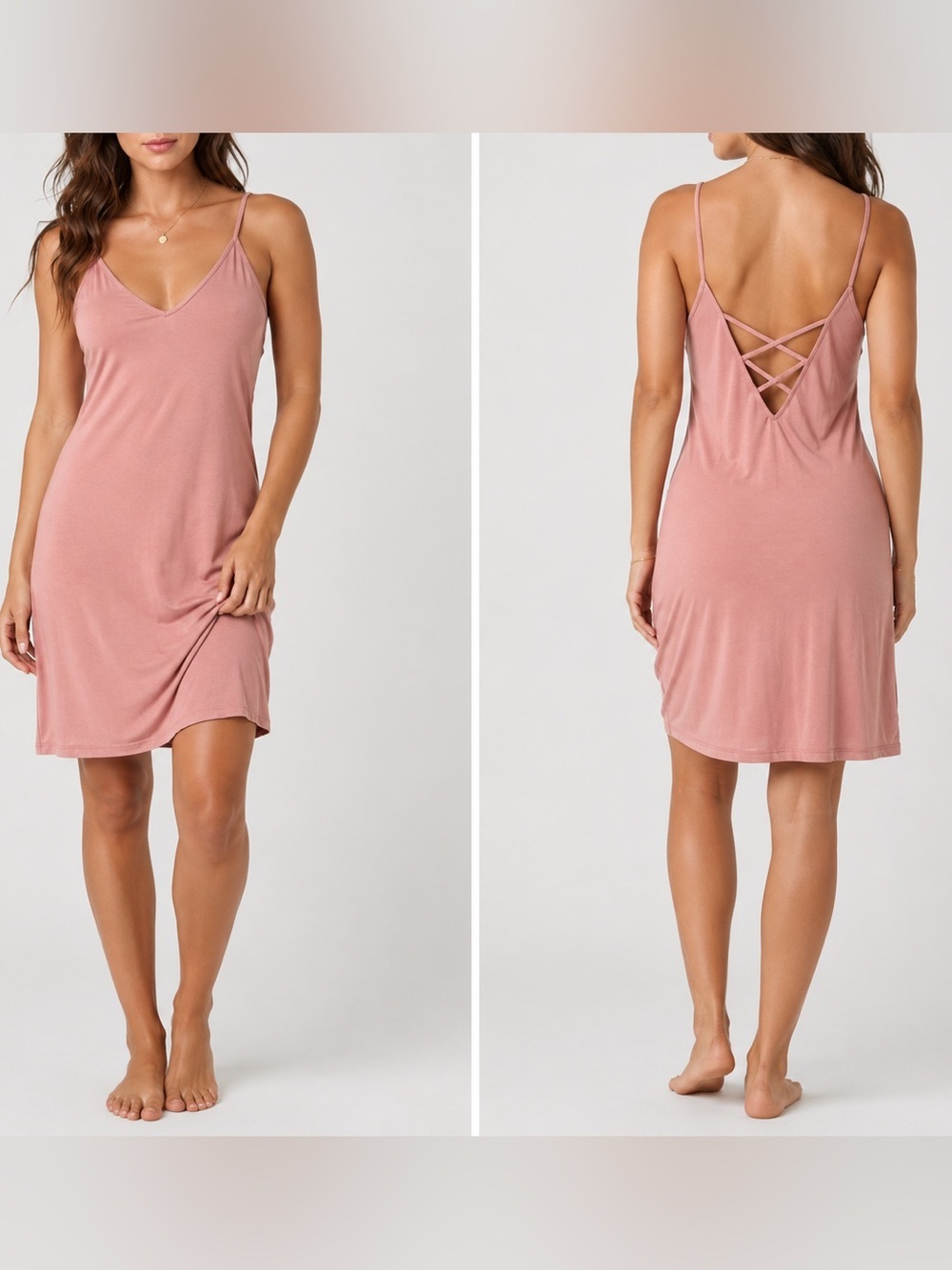 Dusty Rose Crisscross Back Mini Dress Size Small Soft Stretch Spaghetti Strap - Picture 2 of 6